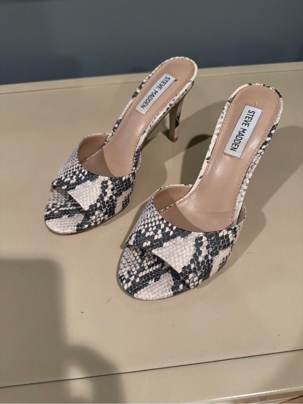 Steve Madden Black & White Snake-Print Heeled Mules